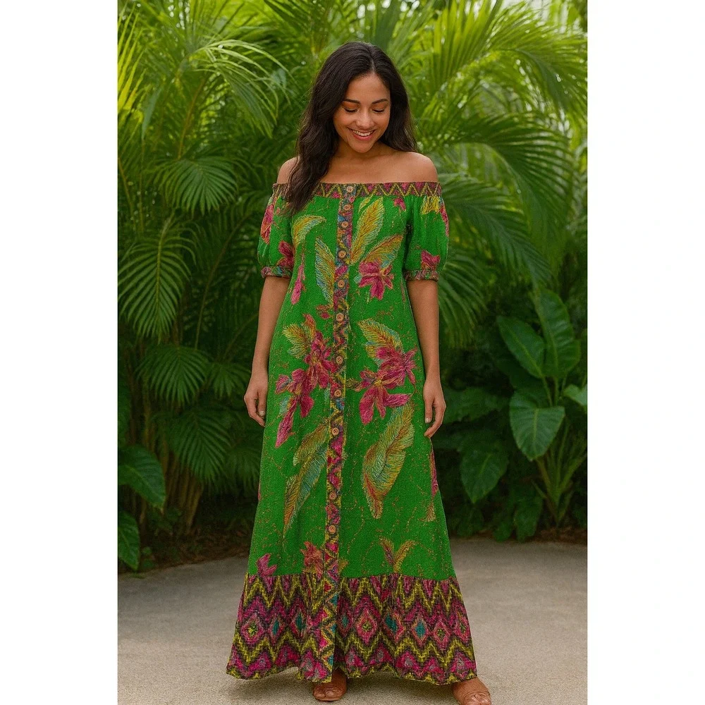 Farm Rio Off The Shoulder Maxi Dress Green Floral Puff Sleeve Button Front M - Picture 1 of 15